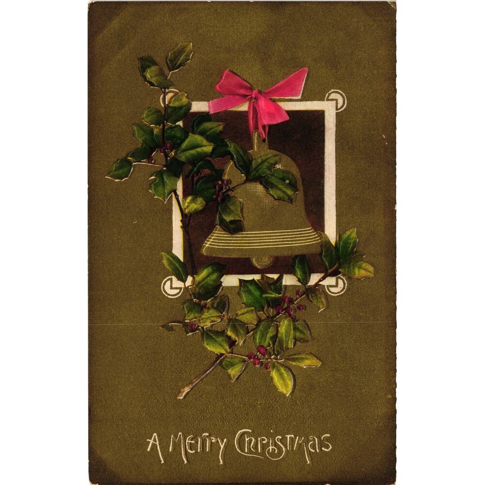 Antique‎ Embossed Christmas Postcard Holly Bell Red Bow A Merry Christmas